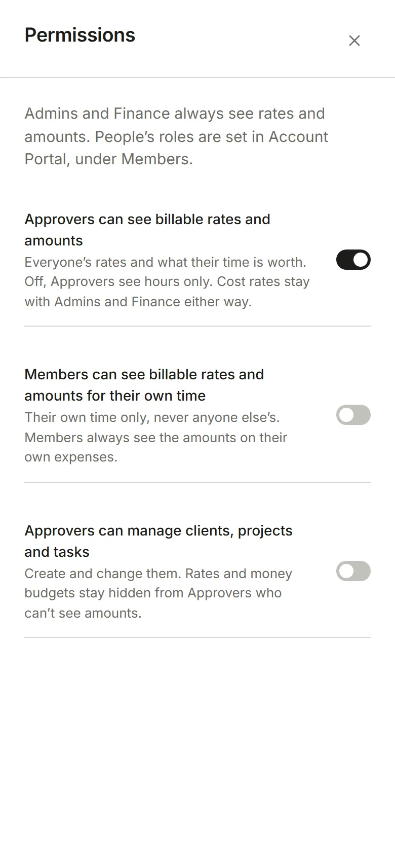 Settings, Permissions: three switches for who sees amounts and who manages projects