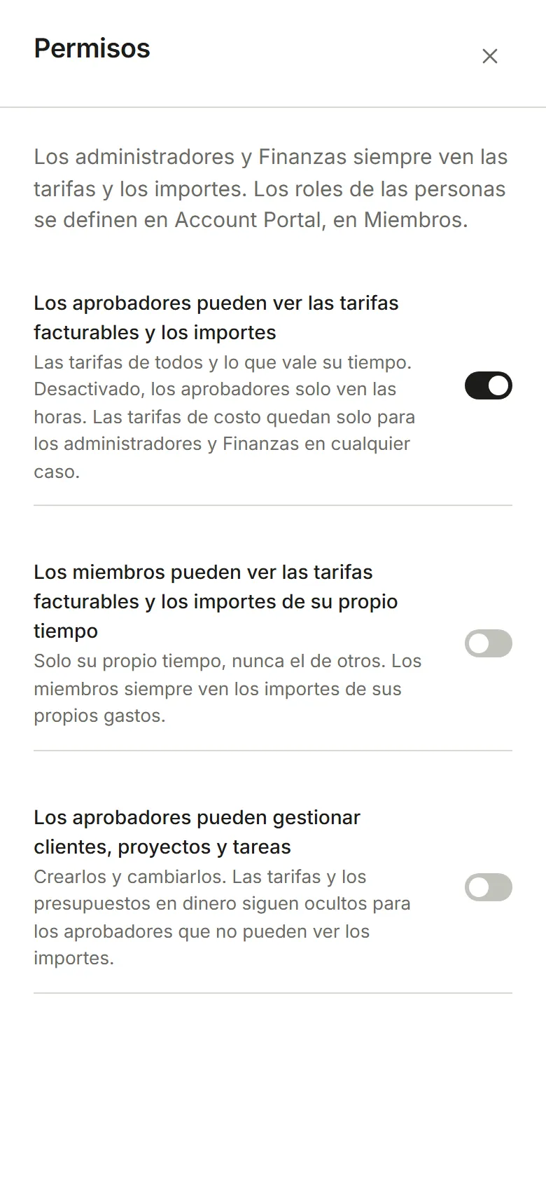 Configuración, Permisos: tres interruptores para quién ve los importes y quién gestiona los proyectos