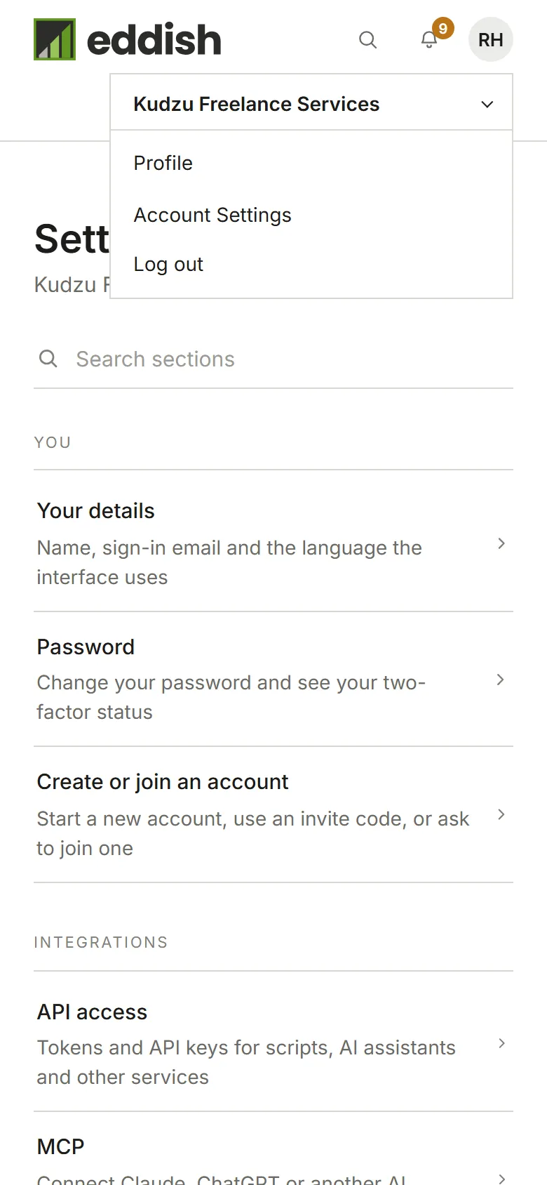 The avatar menu, showing the current account