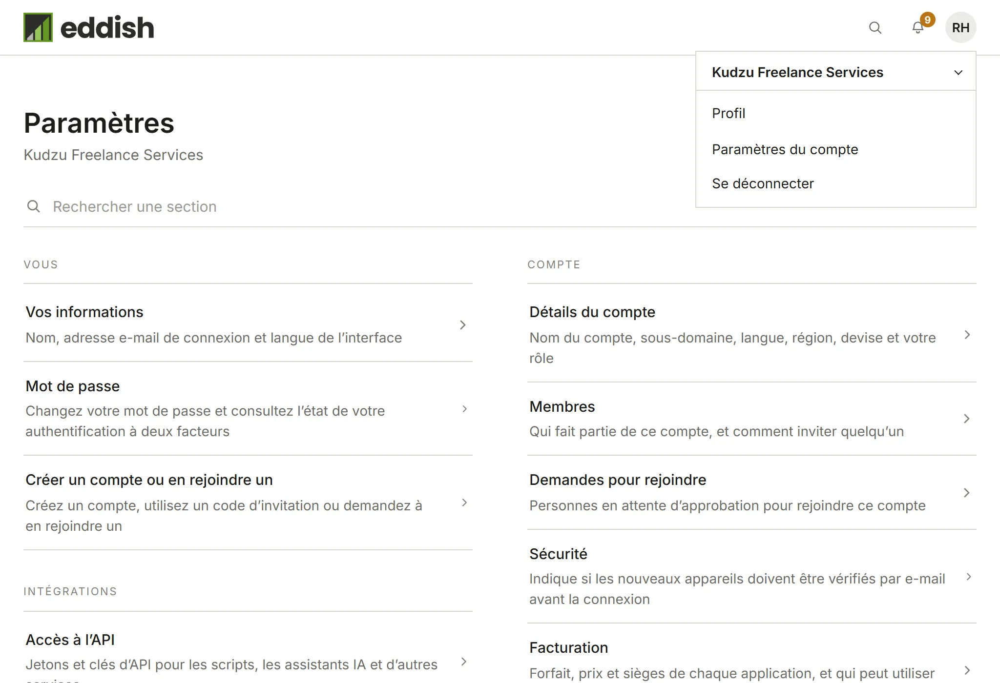 Le menu d'avatar, avec le compte actuel