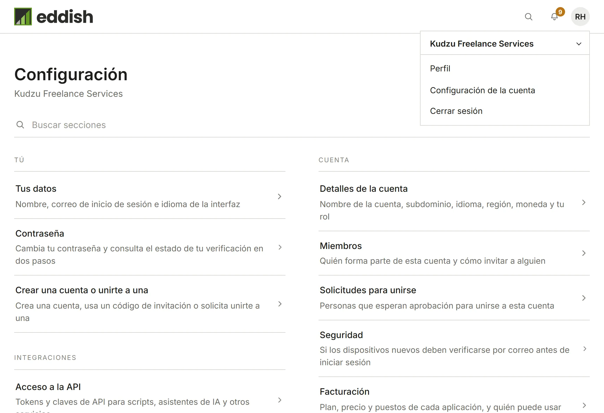El menú del avatar, con la cuenta actual