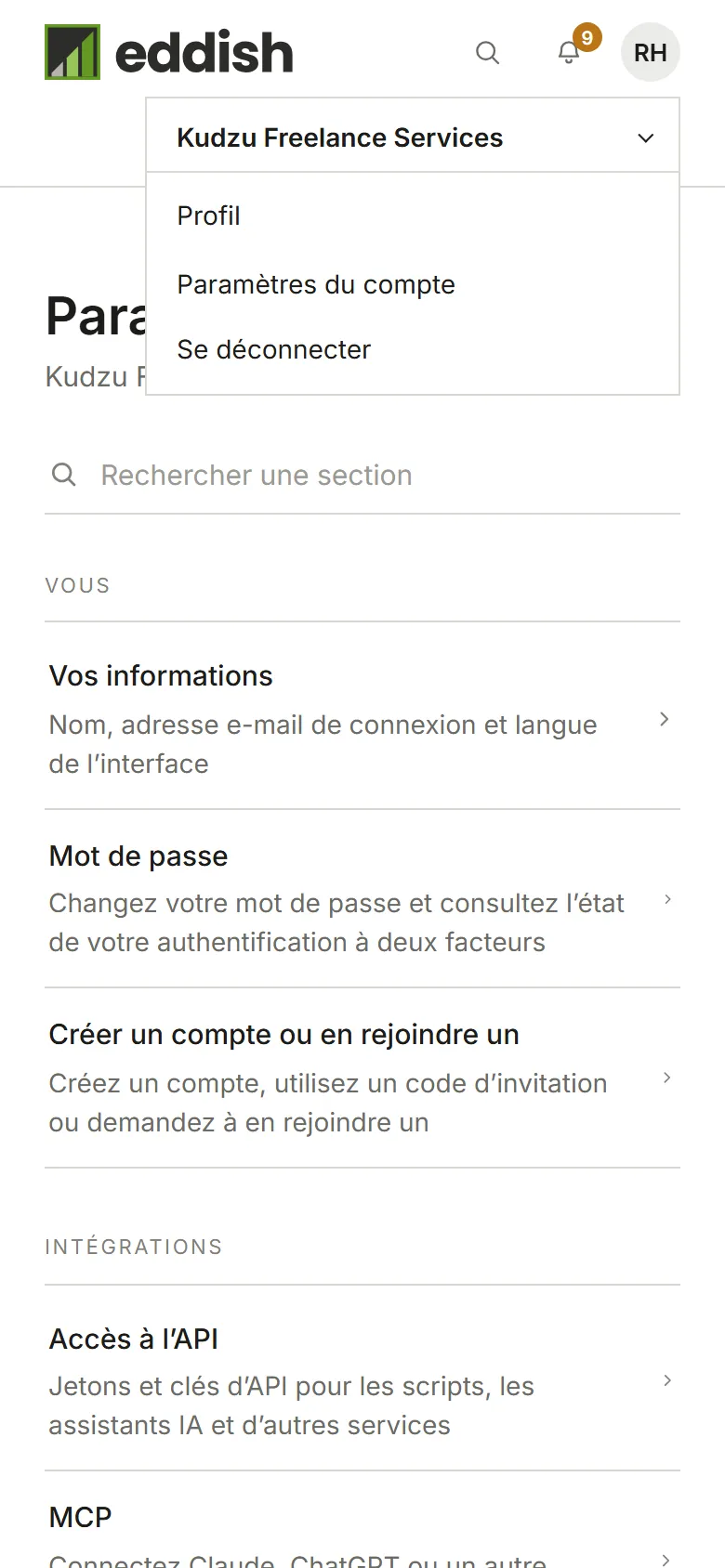 Le menu d'avatar, avec le compte actuel