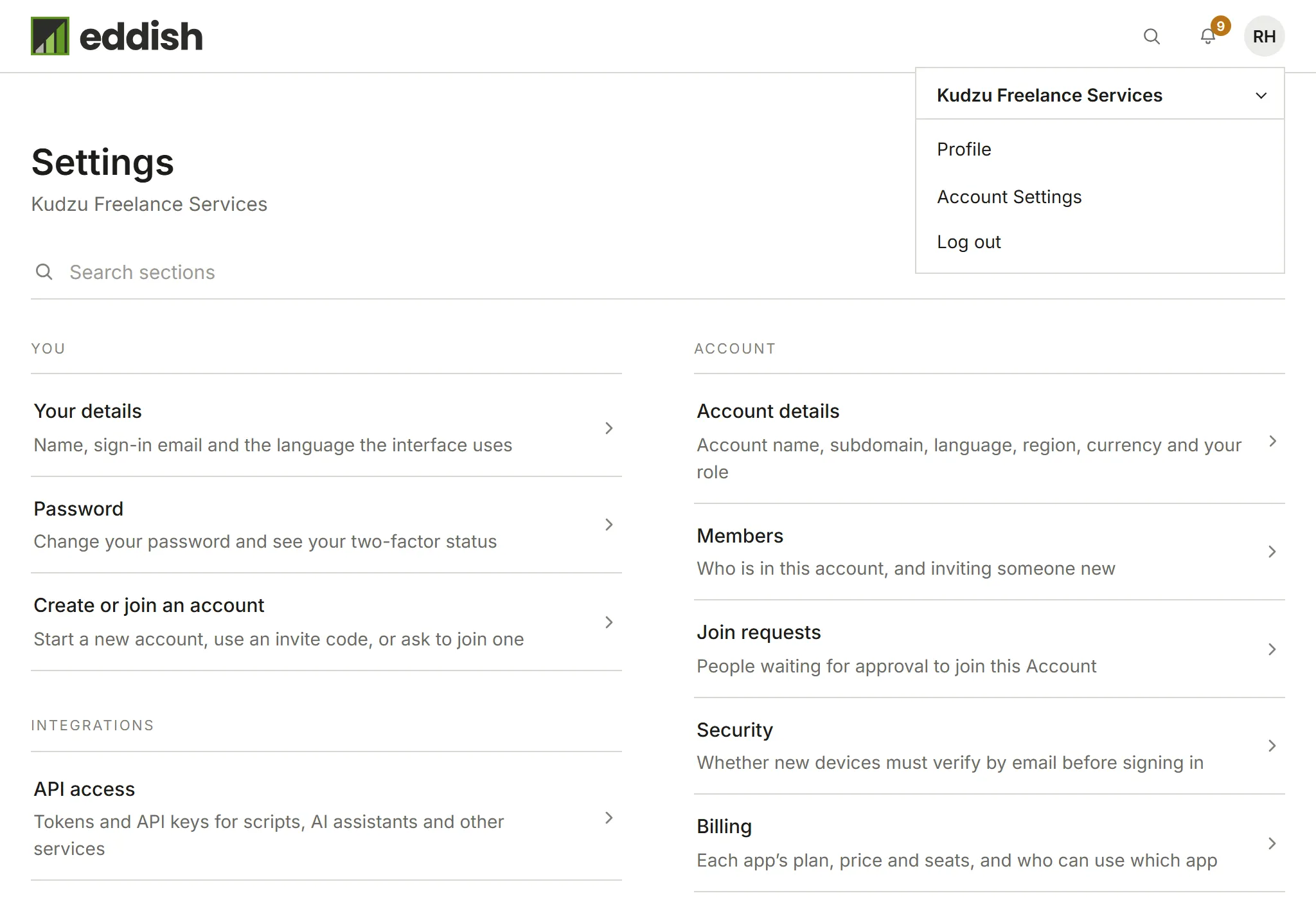 The avatar menu, showing the current account