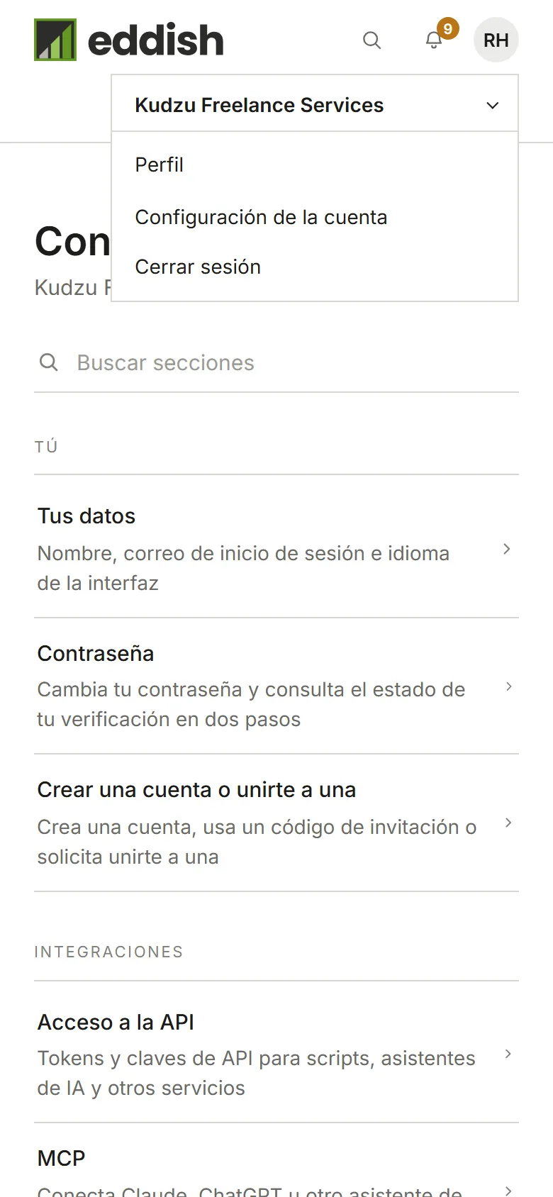 El menú del avatar, con la cuenta actual