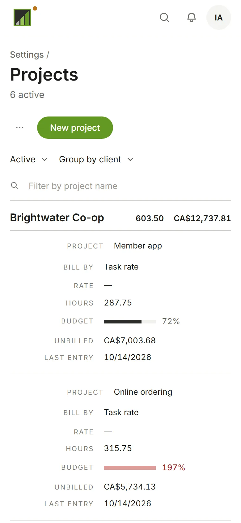 The Projects list