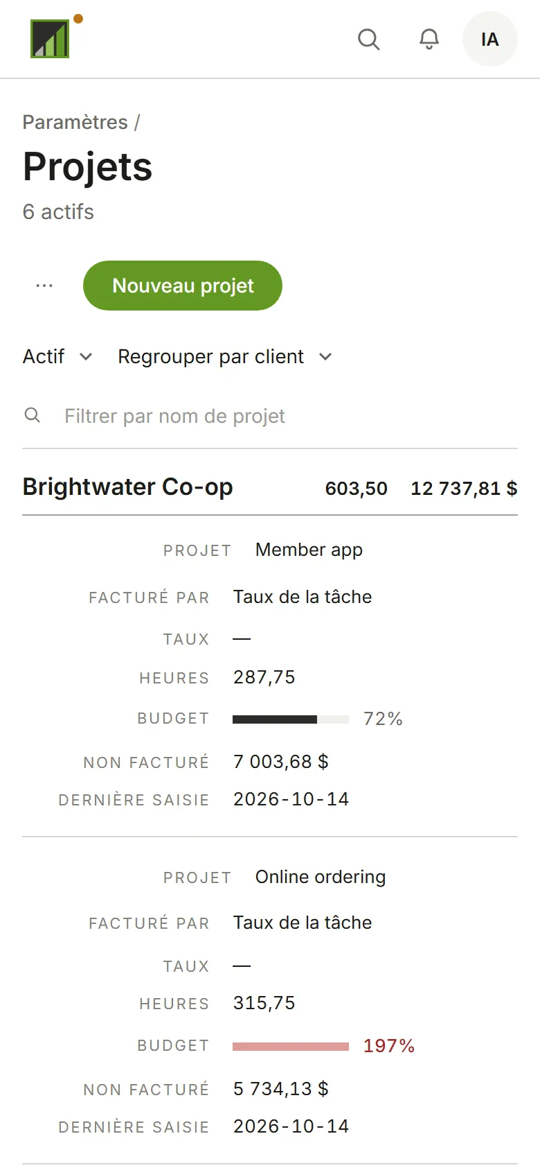 La liste des projets