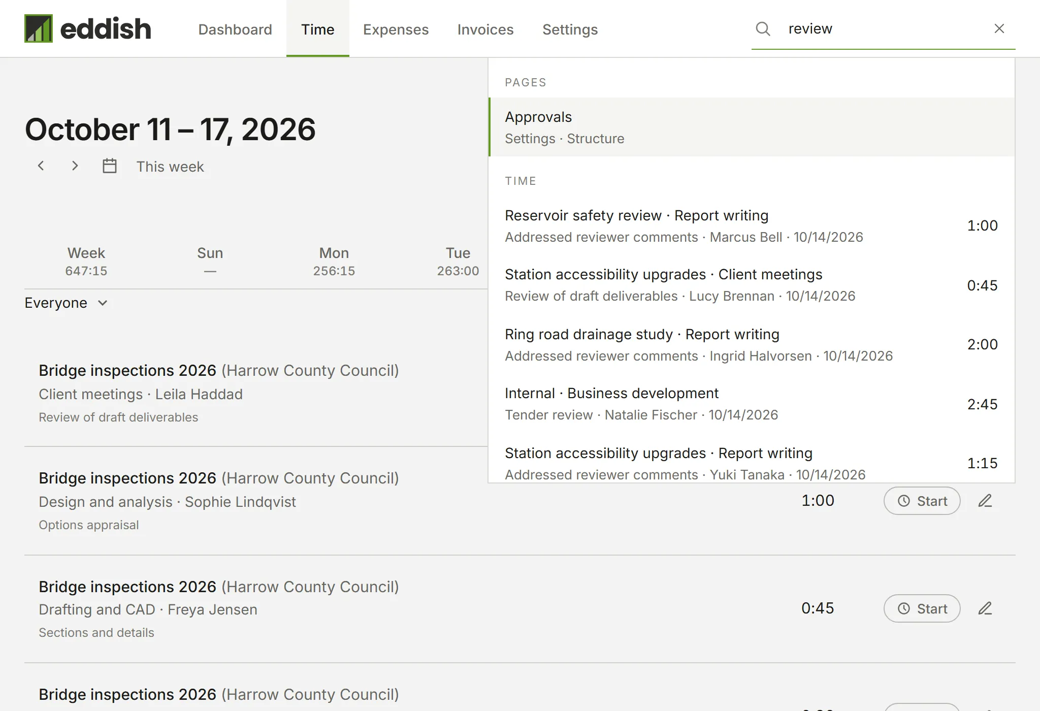 The search panel with pages at the top and time entries below