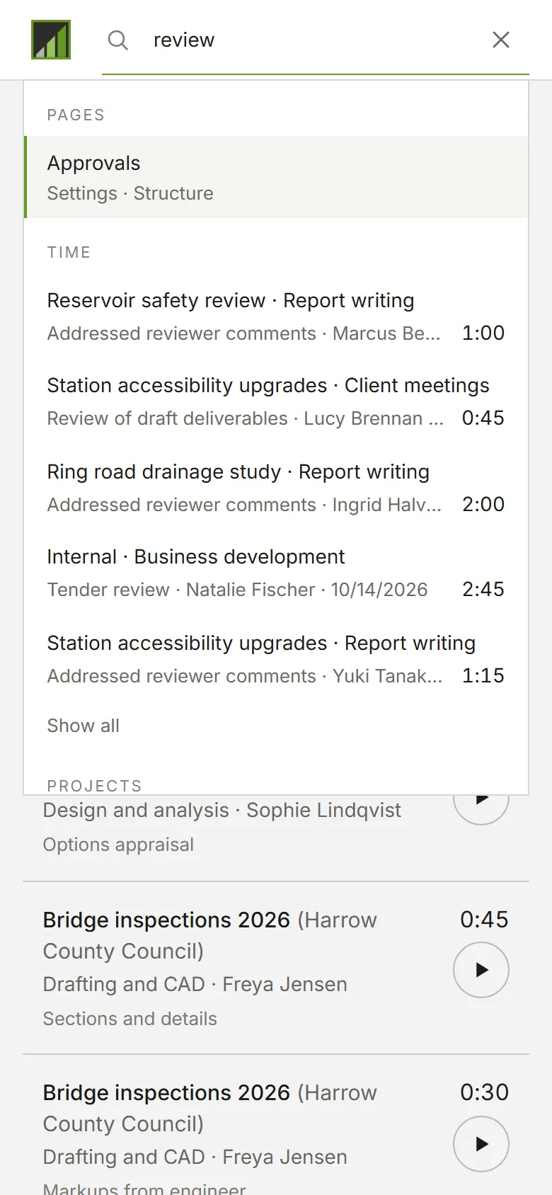 The search panel with pages at the top and time entries below