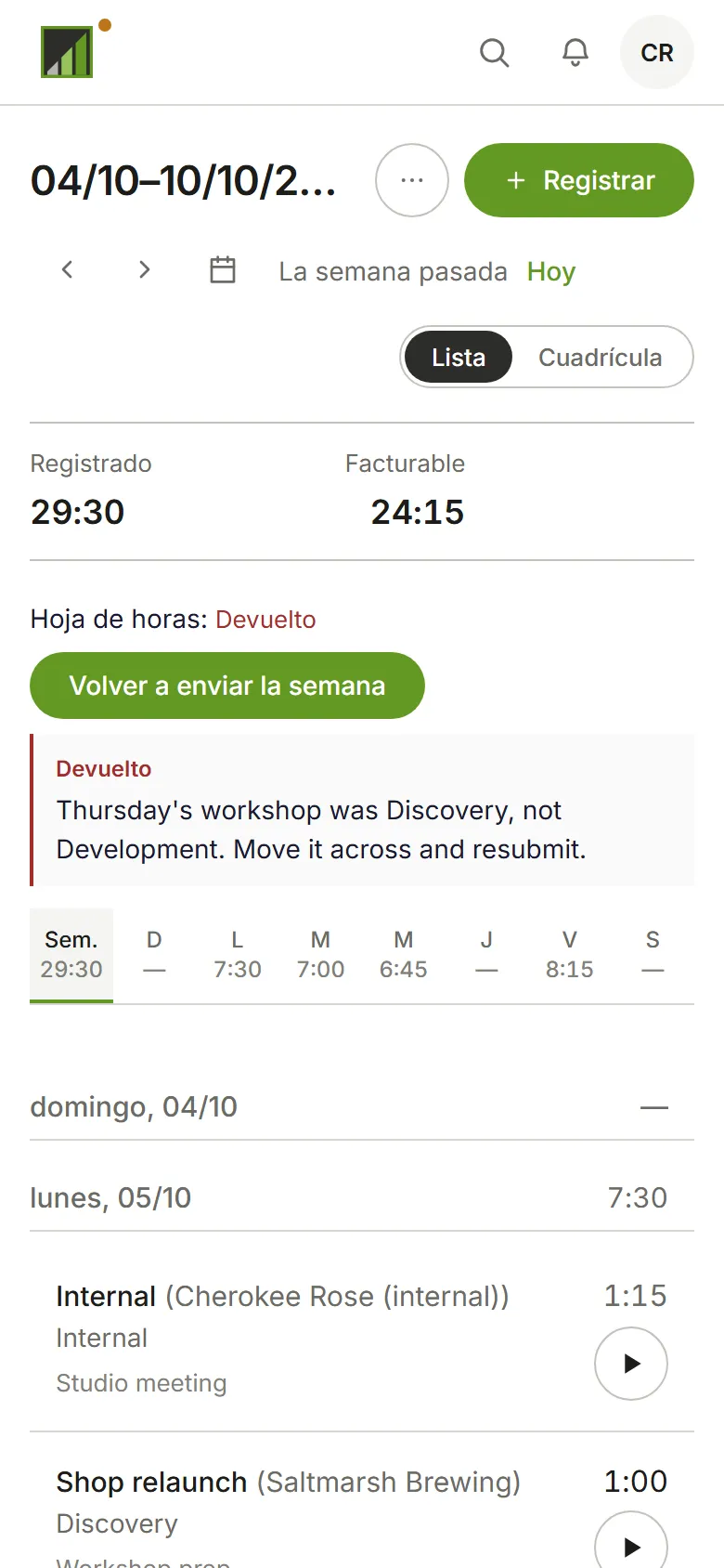 Una semana devuelta: la nota del aprobador y Volver a enviar la semana
