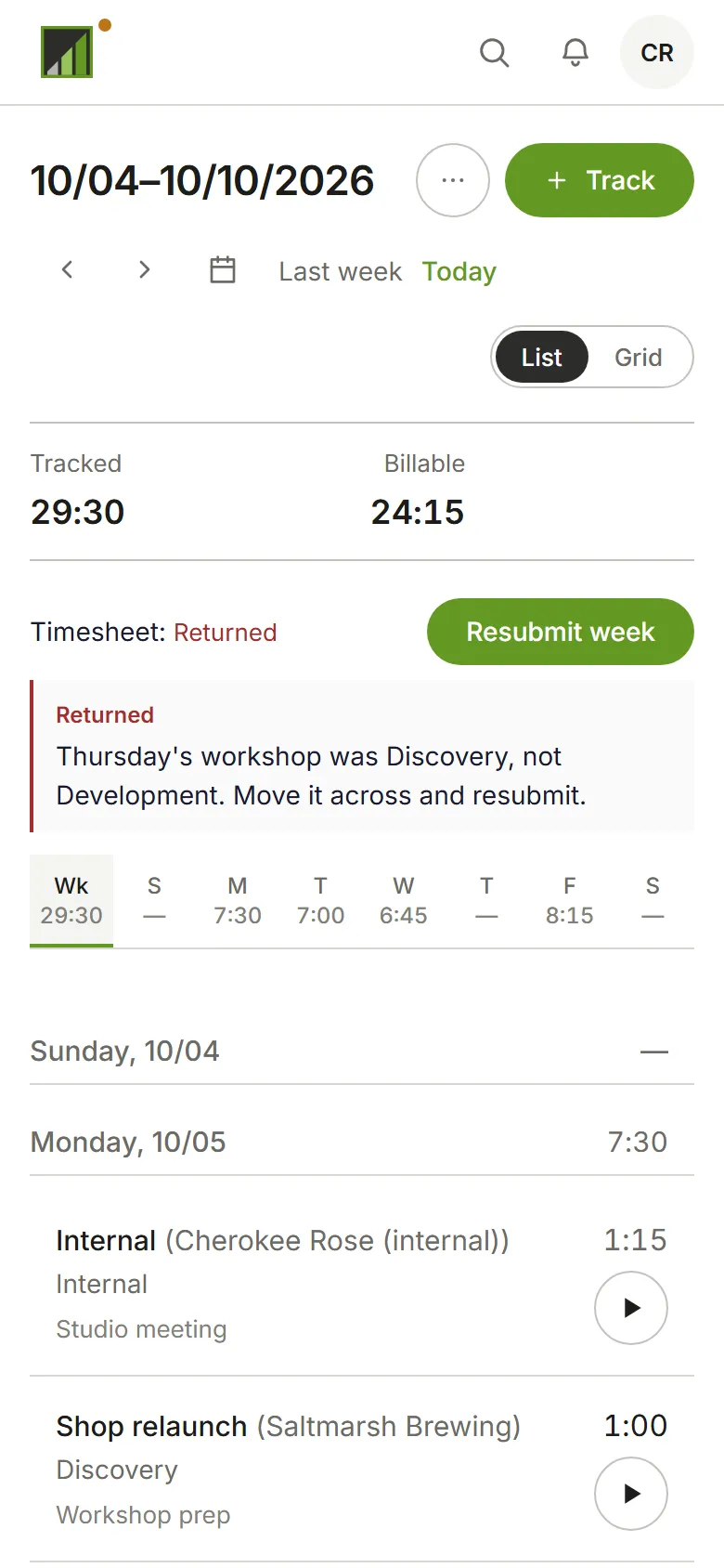 A returned week: the approver’s note and Resubmit week