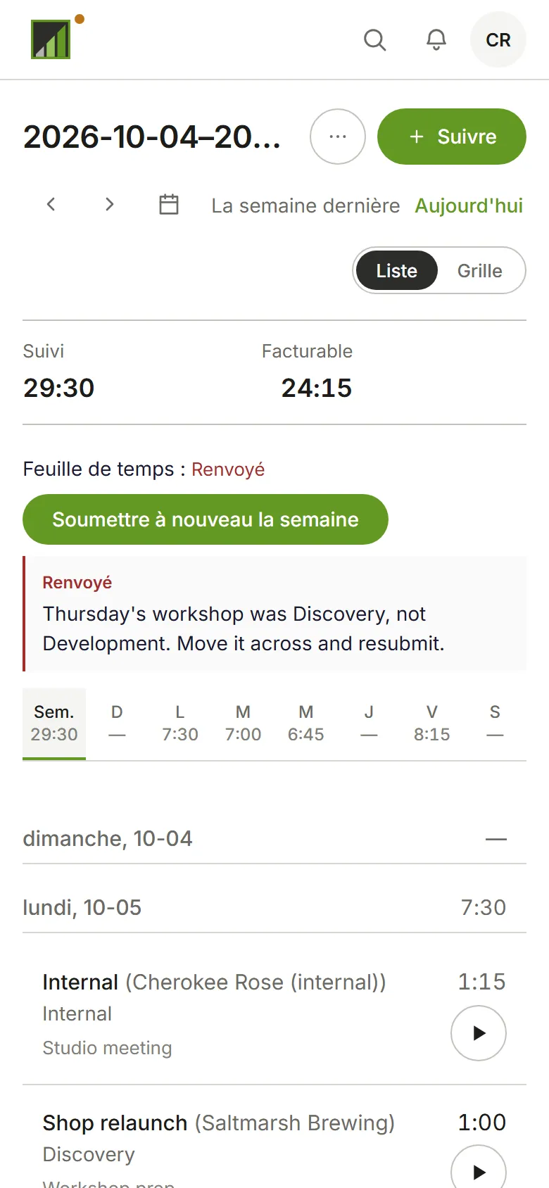 Une semaine renvoyée : la note de l’approbateur et Soumettre à nouveau la semaine