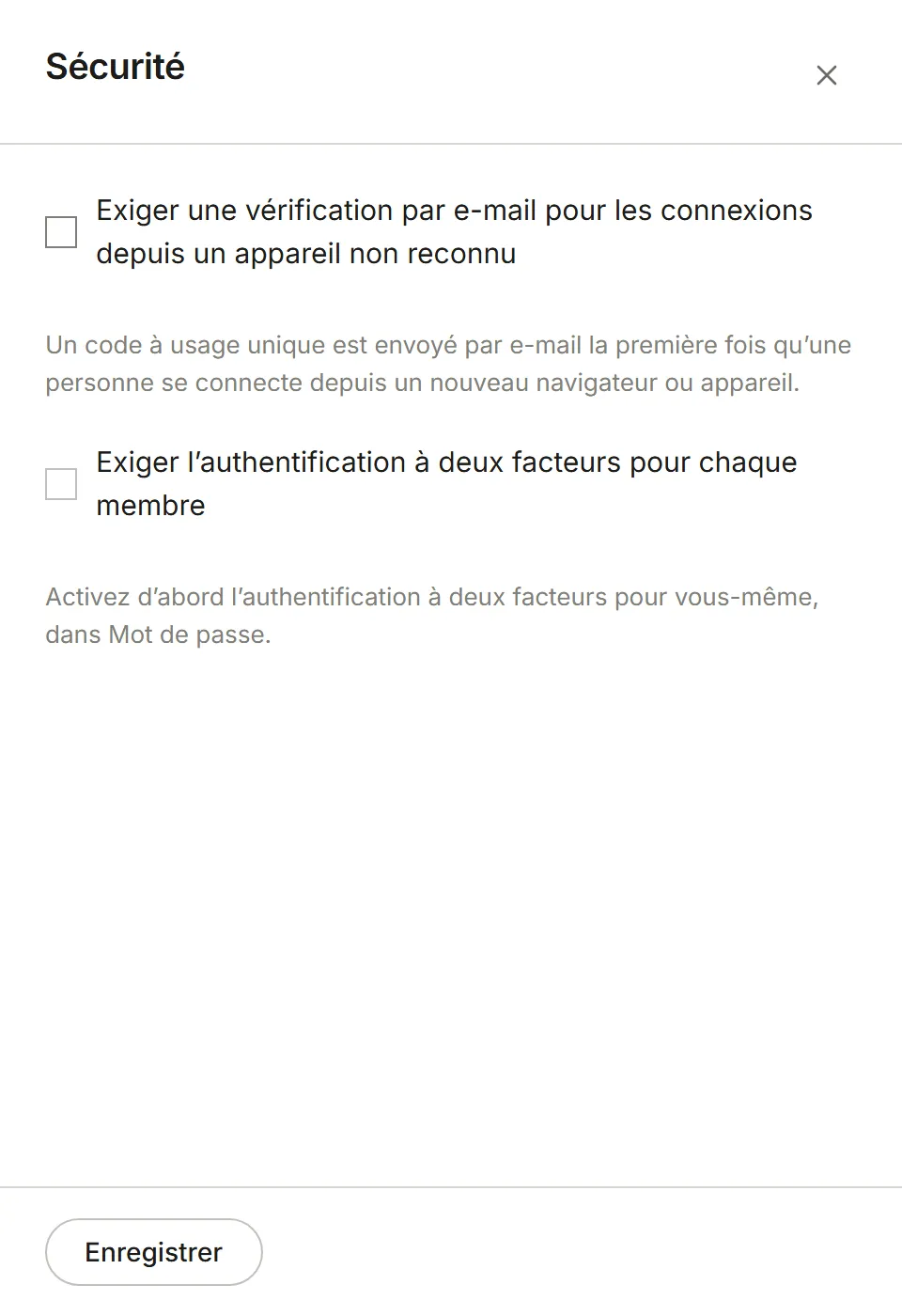 Le panneau Sécurité avec ses deux paramètres