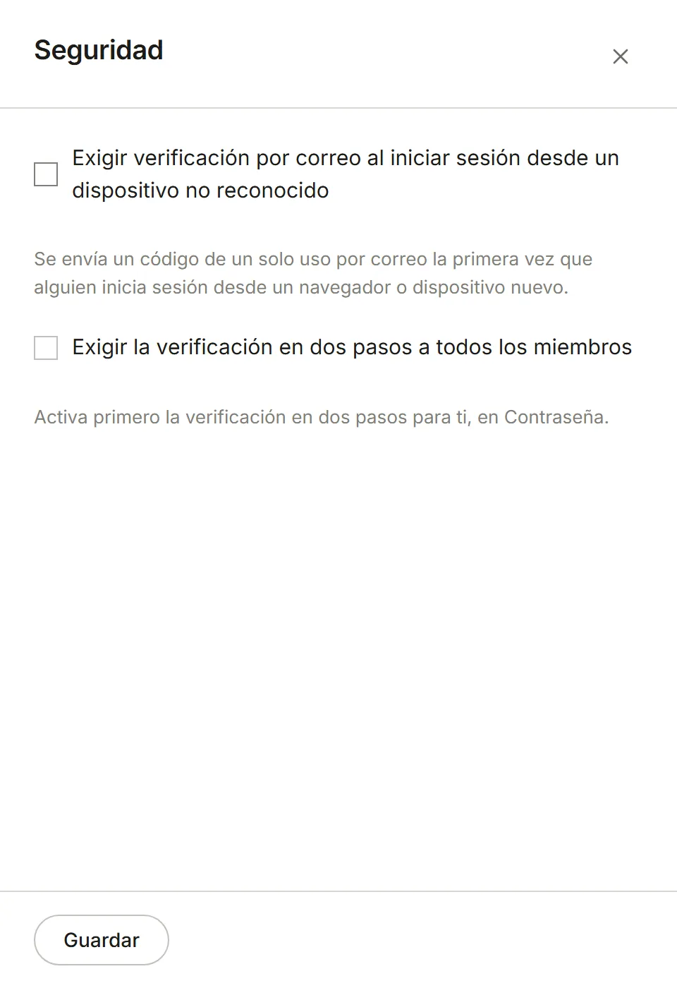El panel Seguridad con sus dos ajustes