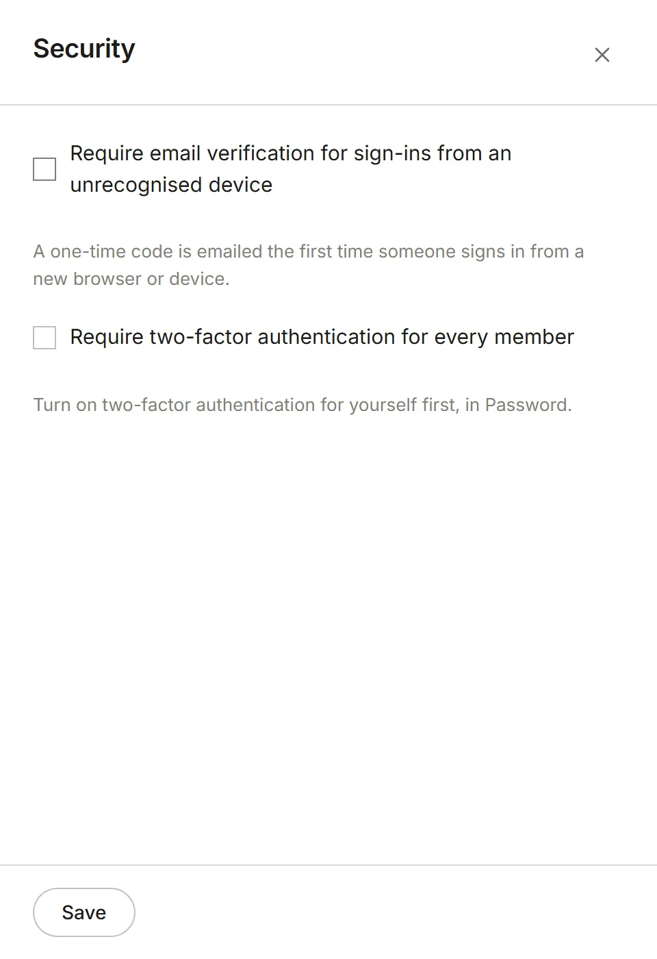 The Security panel with its two settings