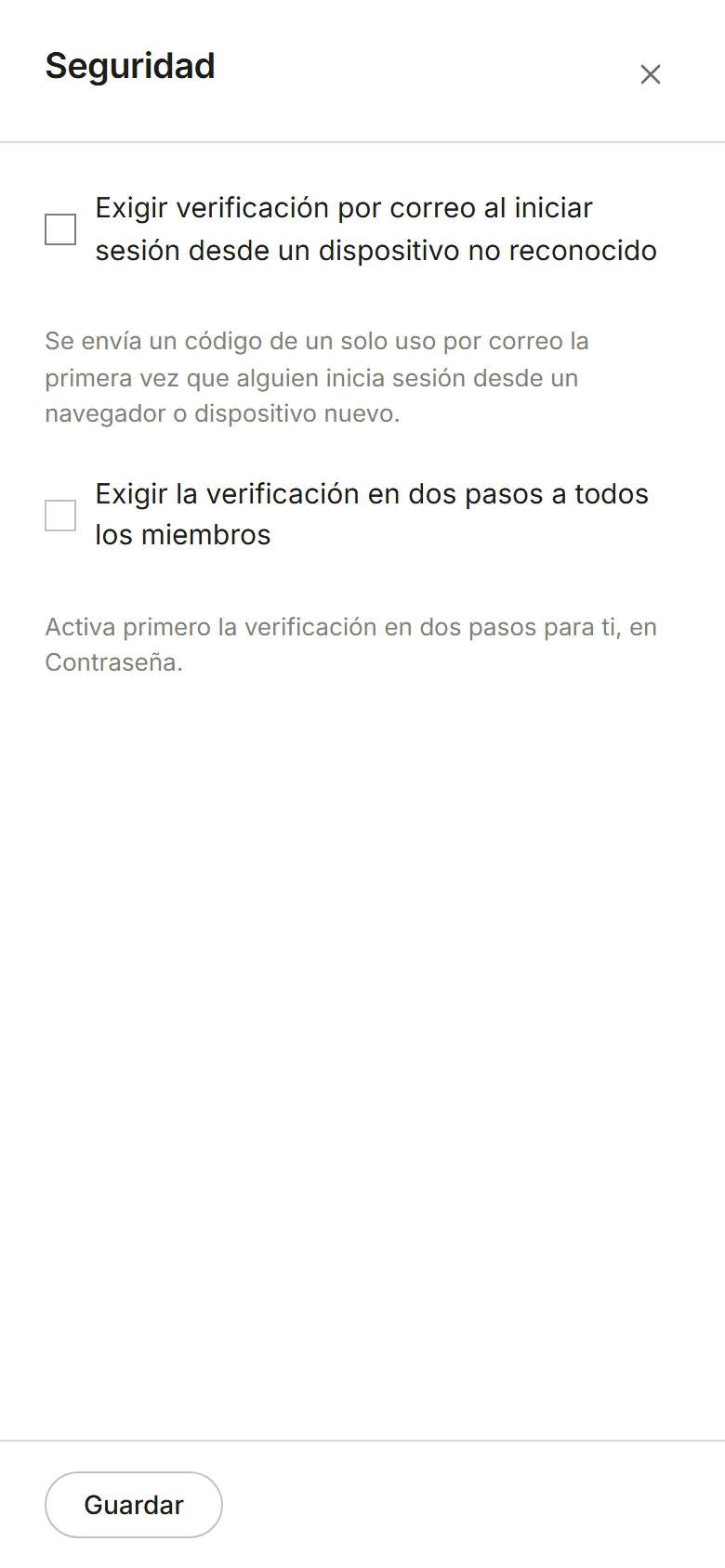 El panel Seguridad con sus dos ajustes