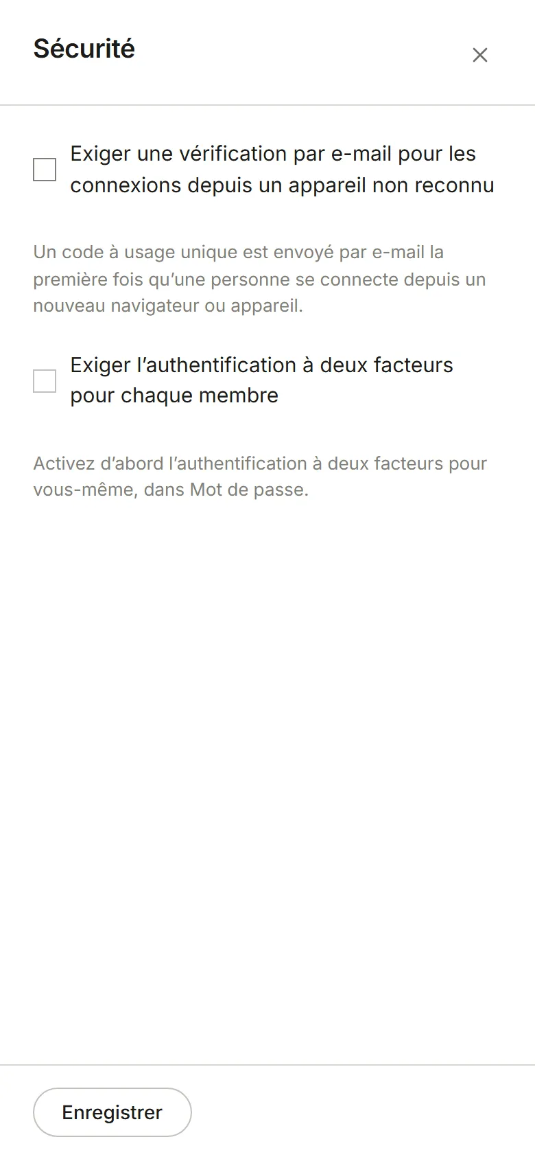 Le panneau Sécurité avec ses deux paramètres