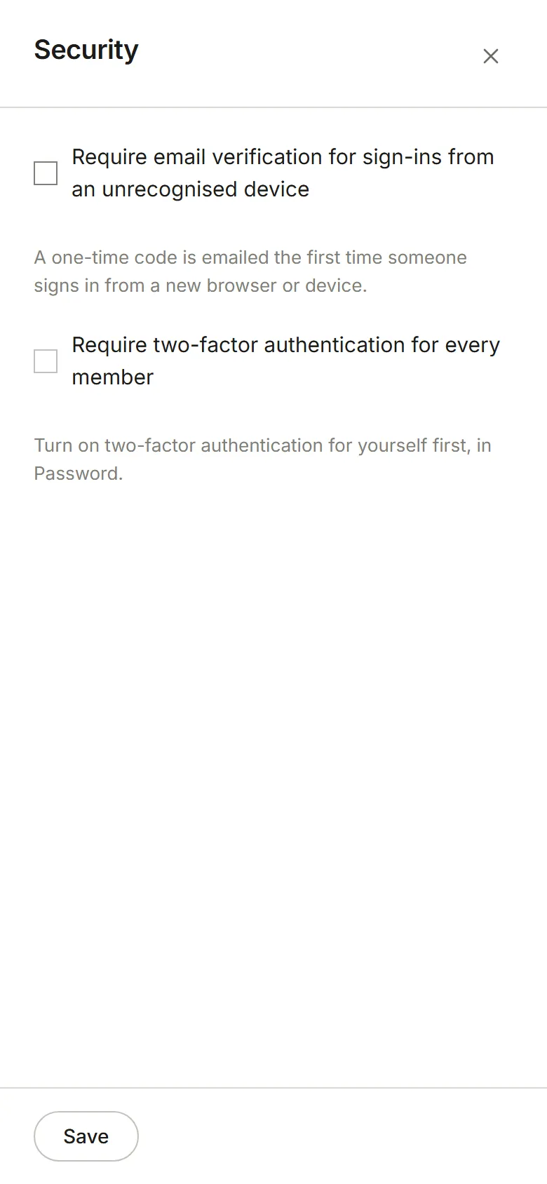 The Security panel with its two settings