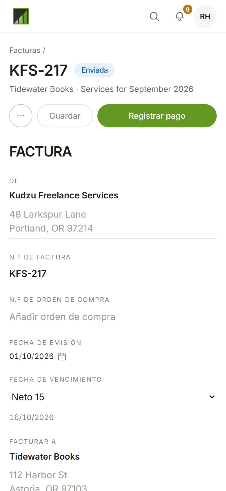 Una factura enviada, con Registrar pago