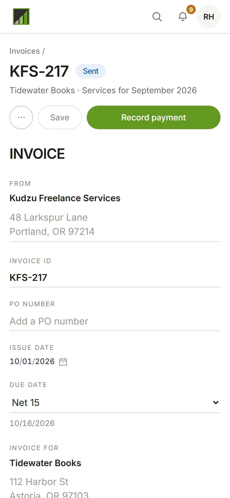 A sent invoice, with Record payment