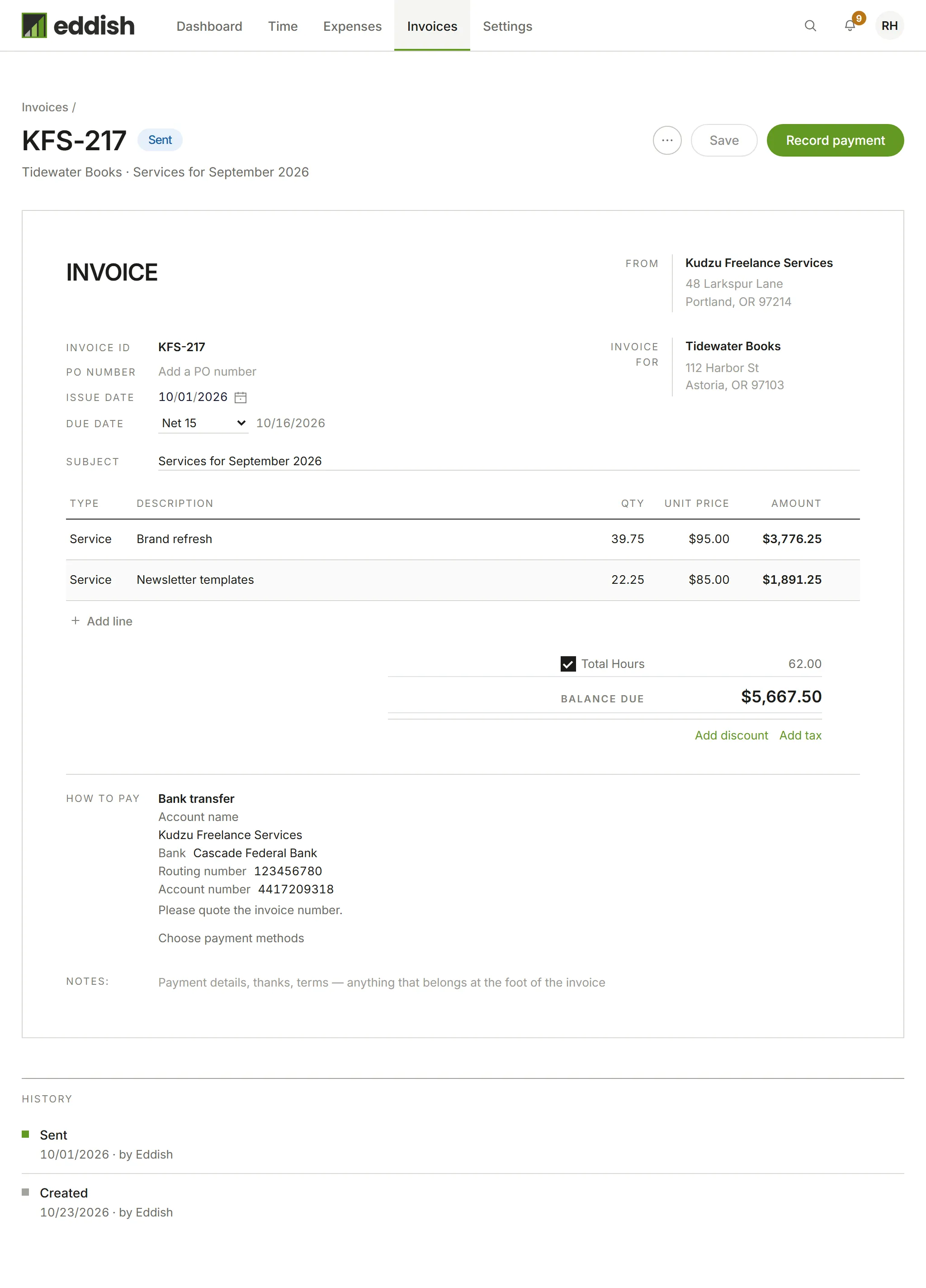 A sent invoice, with Record payment