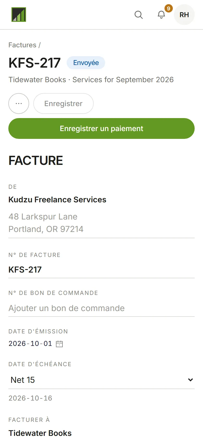 Une facture envoyée, avec Enregistrer un paiement