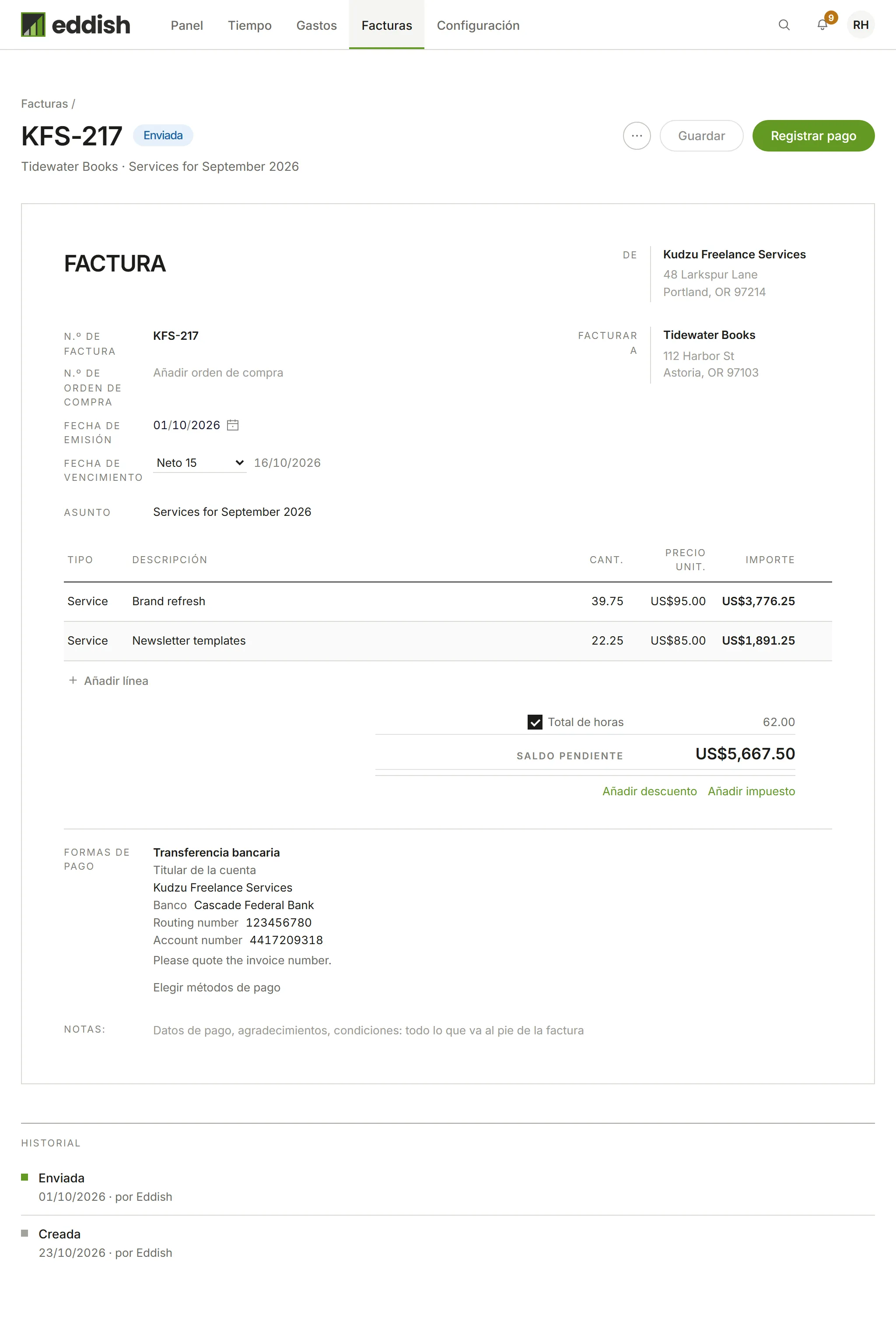 Una factura enviada, con Registrar pago