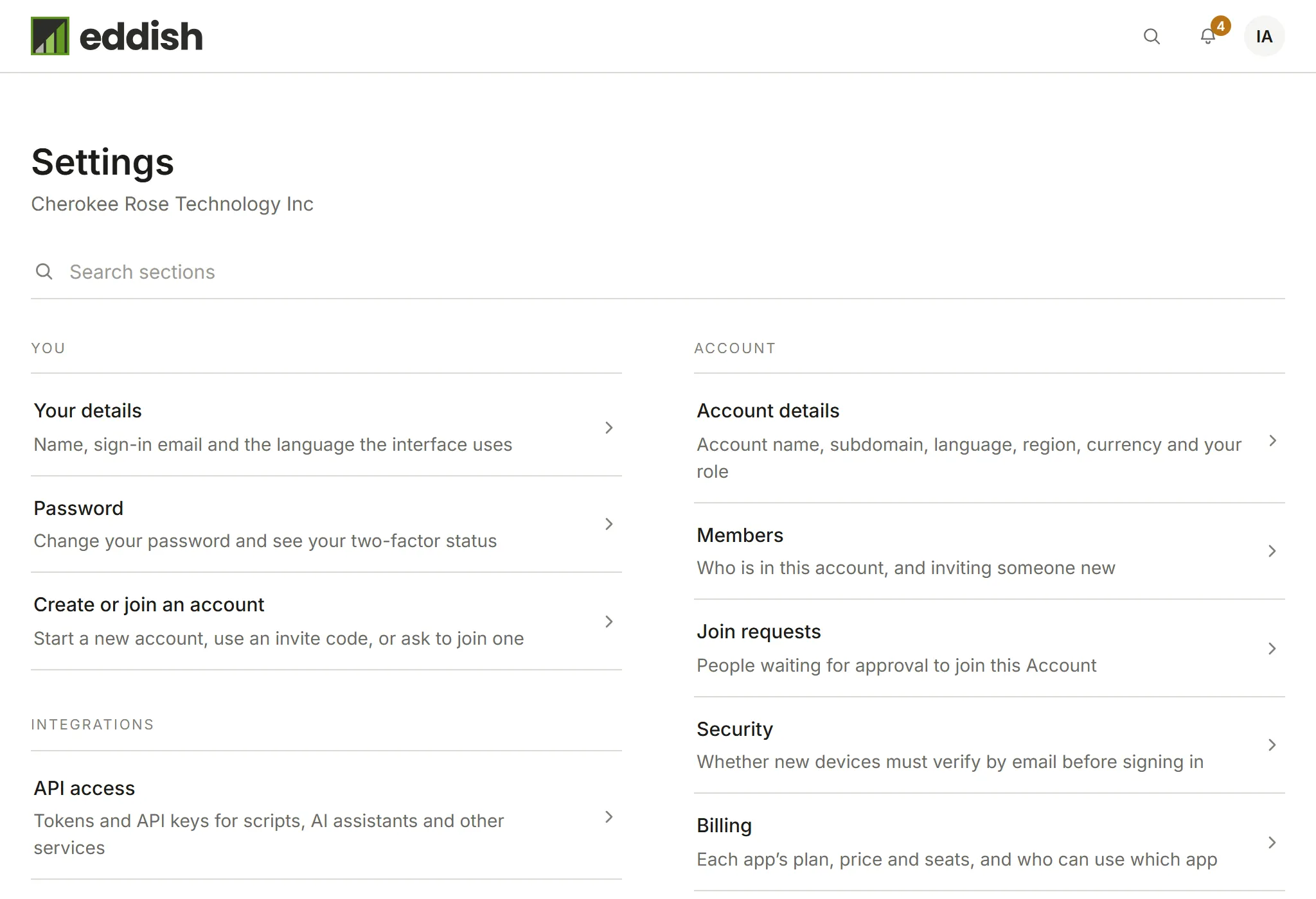 Account settings, with Members in the Account column