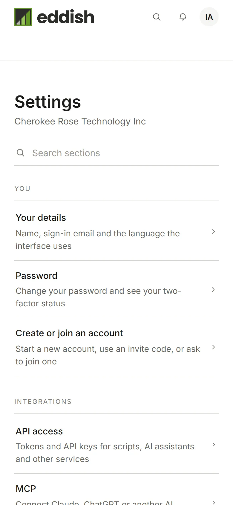 Account settings, with Members in the Account column