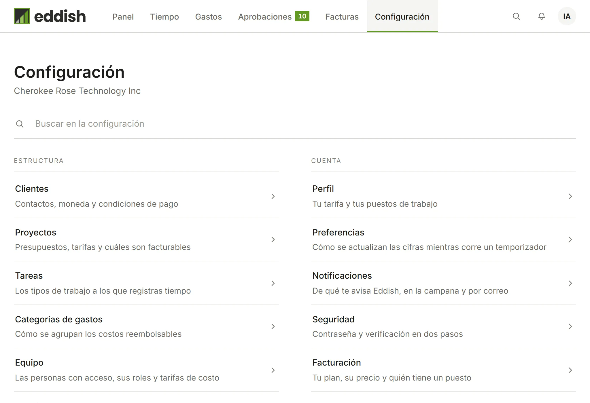 El índice de la configuración de Invoicing