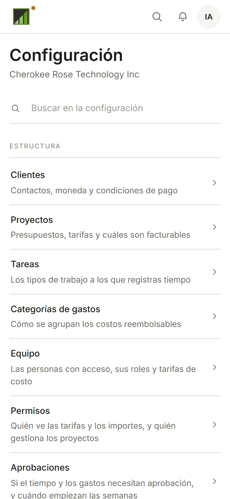 El índice de la configuración de Invoicing