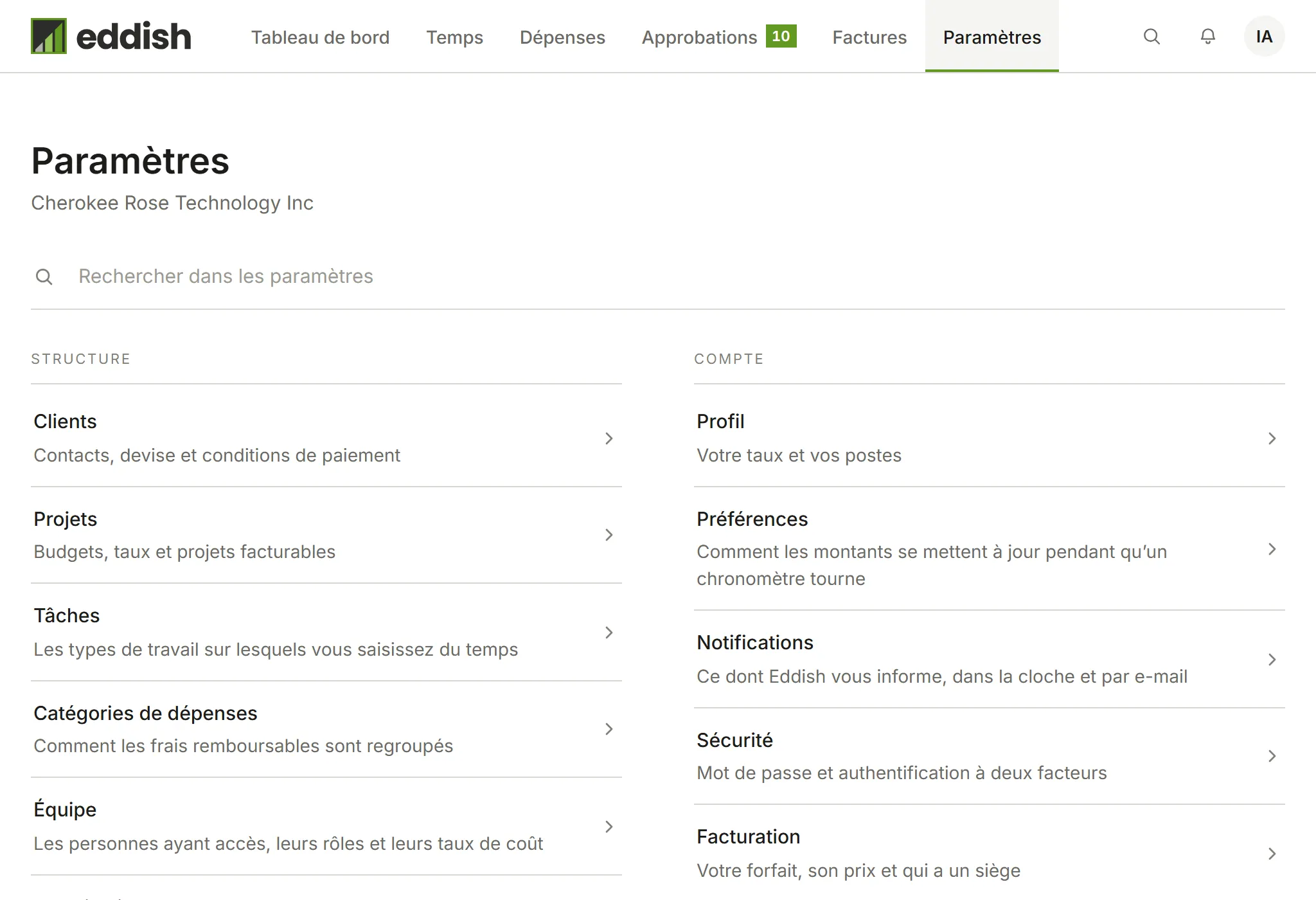 L’index des paramètres d’Invoicing