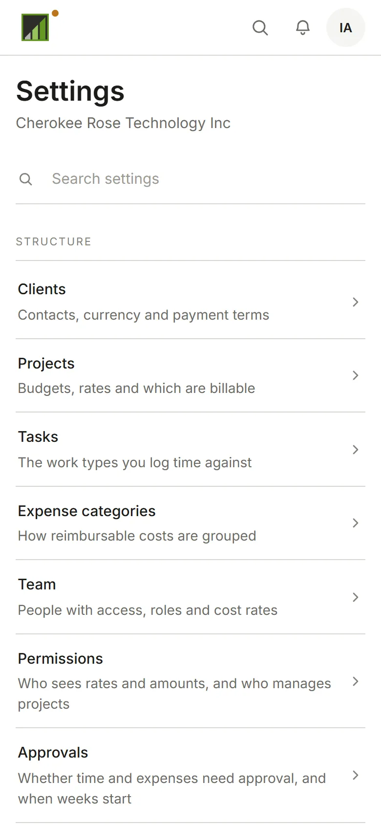 Invoicing's settings index