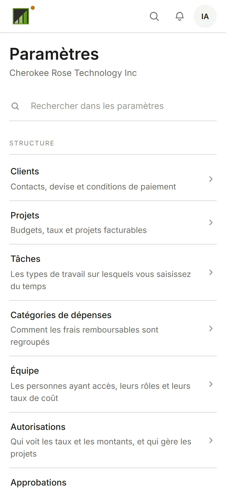 L’index des paramètres d’Invoicing