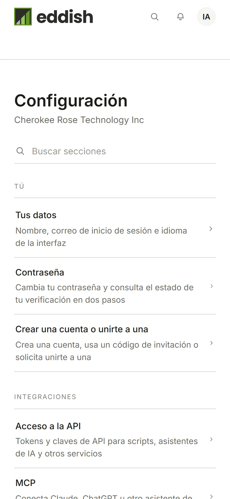 La configuración de la cuenta, con Miembros en la columna Cuenta