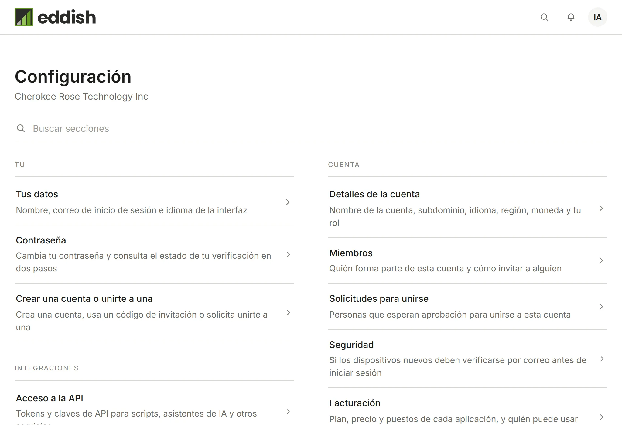 La configuración de la cuenta, con Miembros en la columna Cuenta