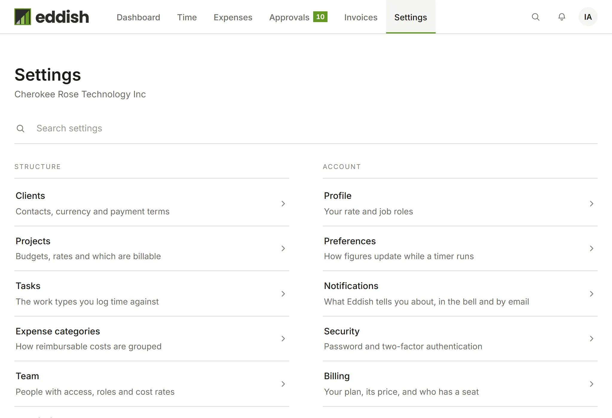 Invoicing's settings index