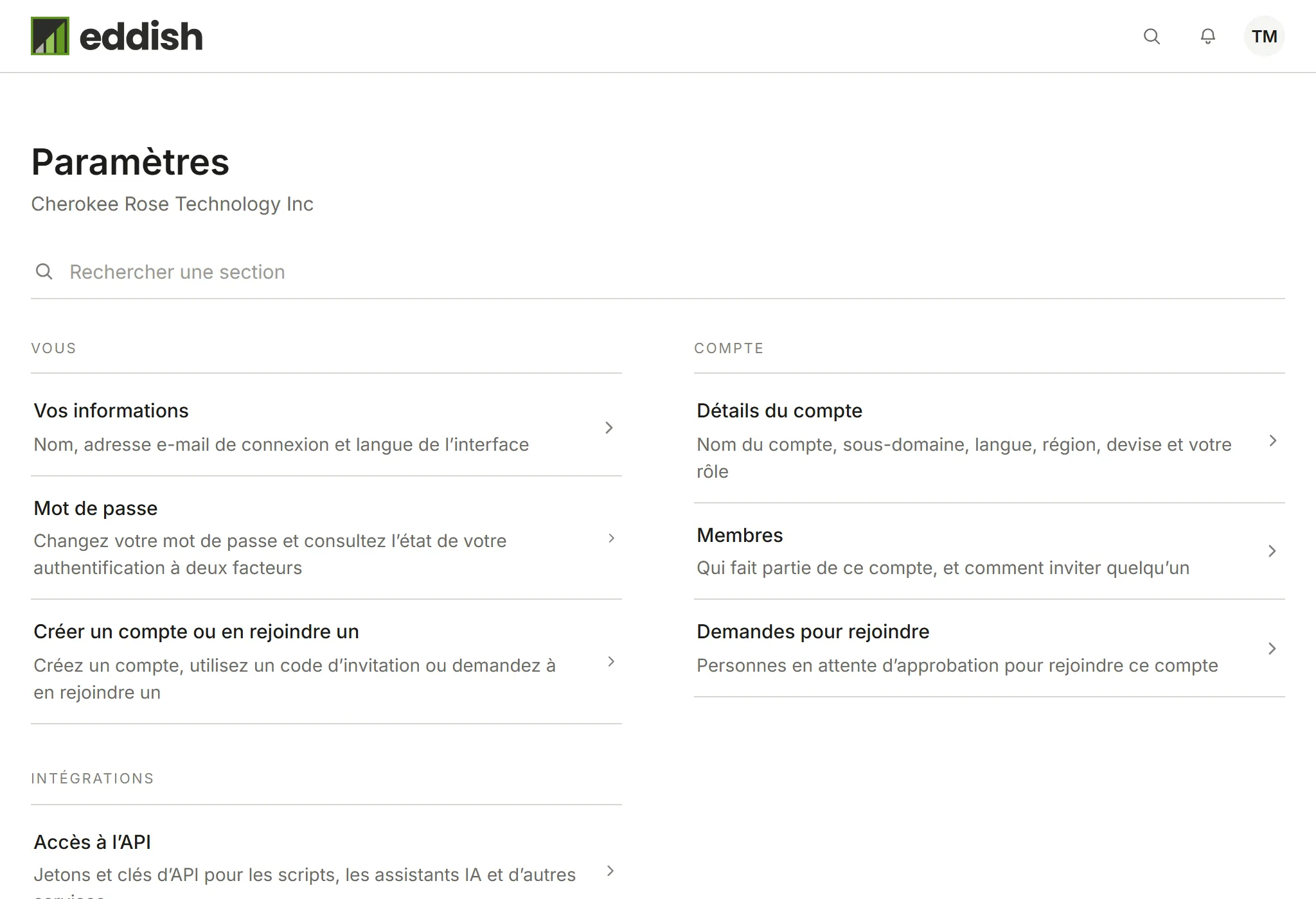 Les paramètres du compte, avec les sections Vous et Compte