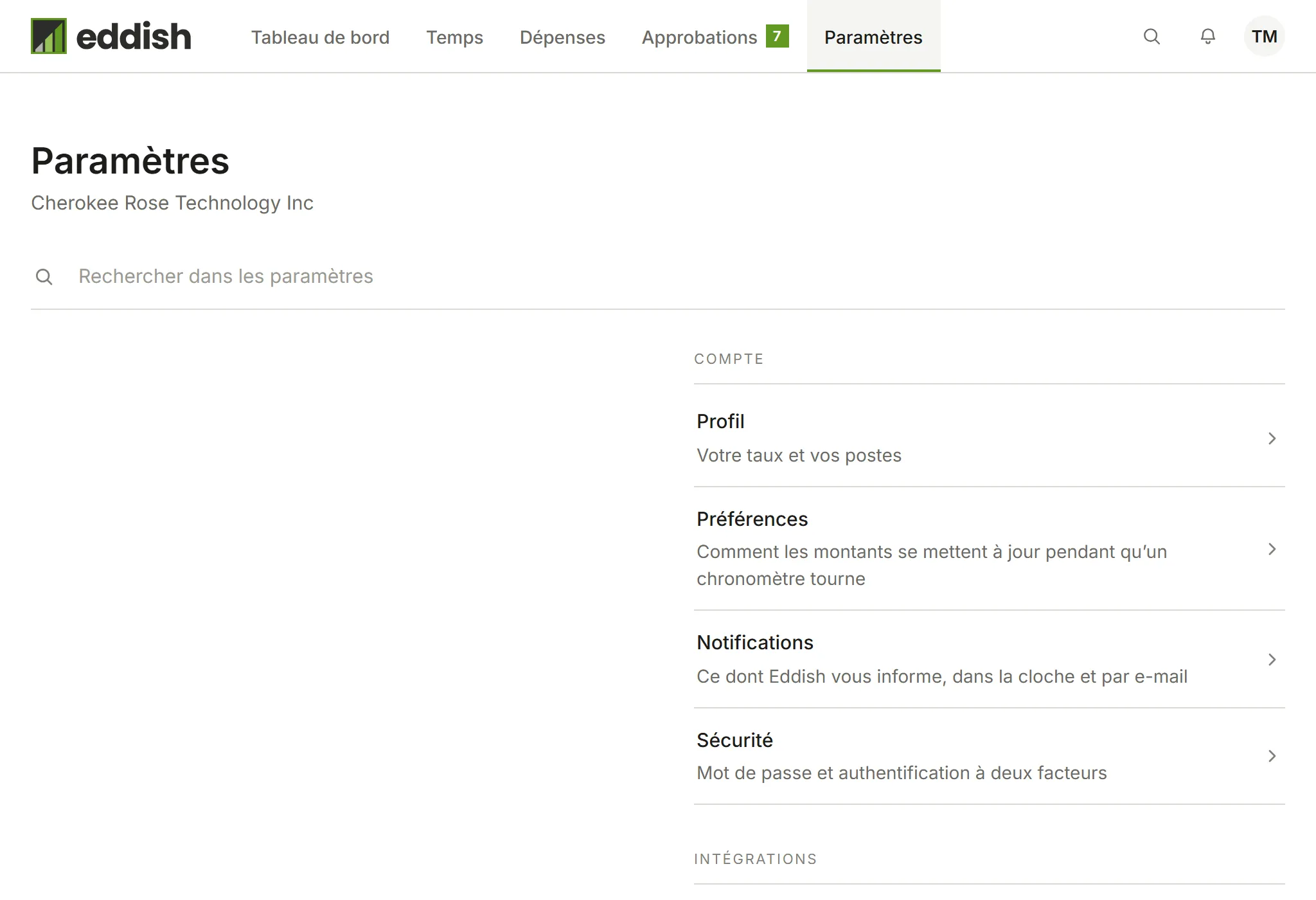 L’index des paramètres d’Invoicing