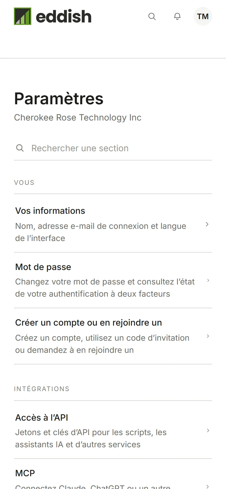 Les paramètres du compte, avec les sections Vous et Compte