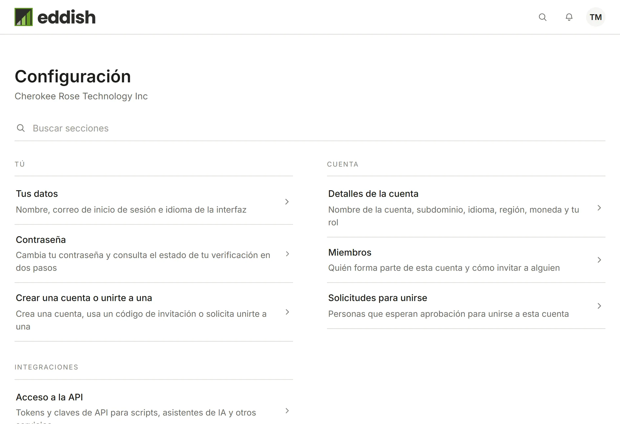 La configuración de la cuenta, con las secciones Tú y Cuenta