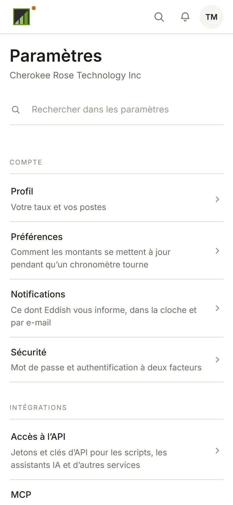 L’index des paramètres d’Invoicing