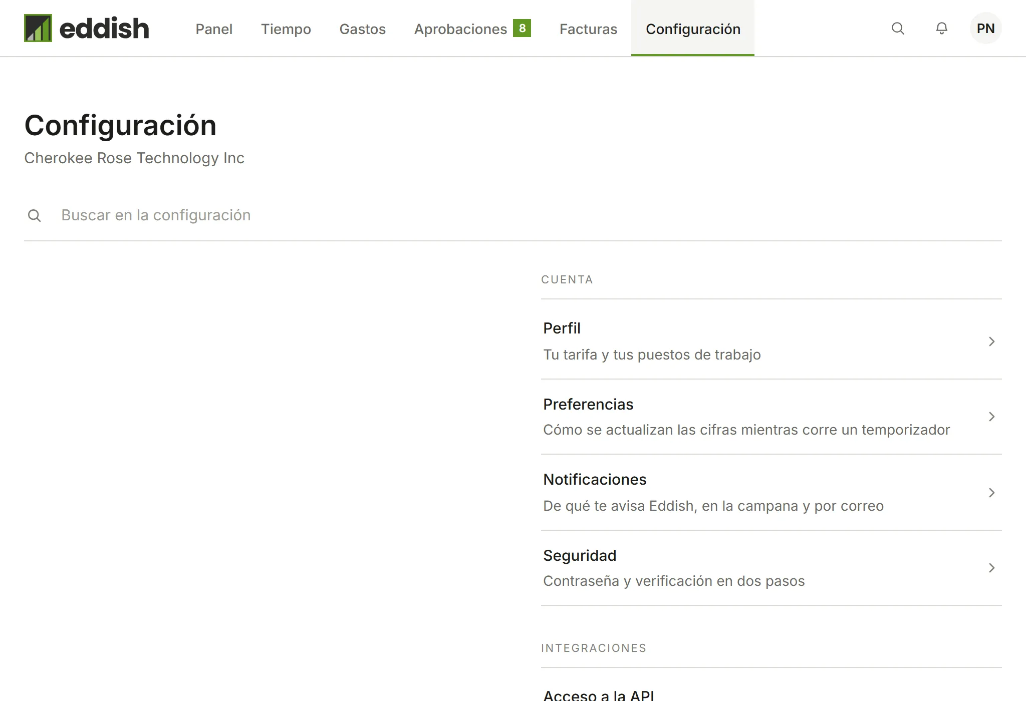 El índice de la configuración de Invoicing