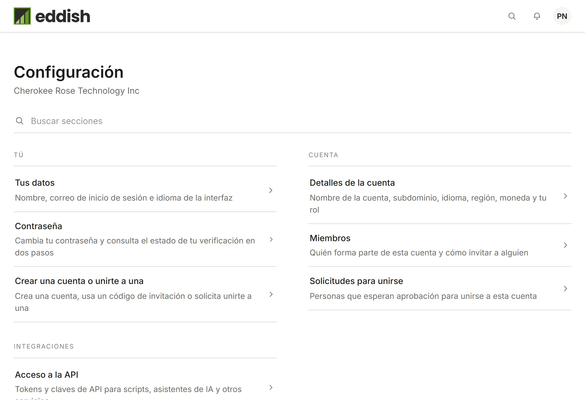 La configuración de la cuenta, con las secciones Tú y Cuenta