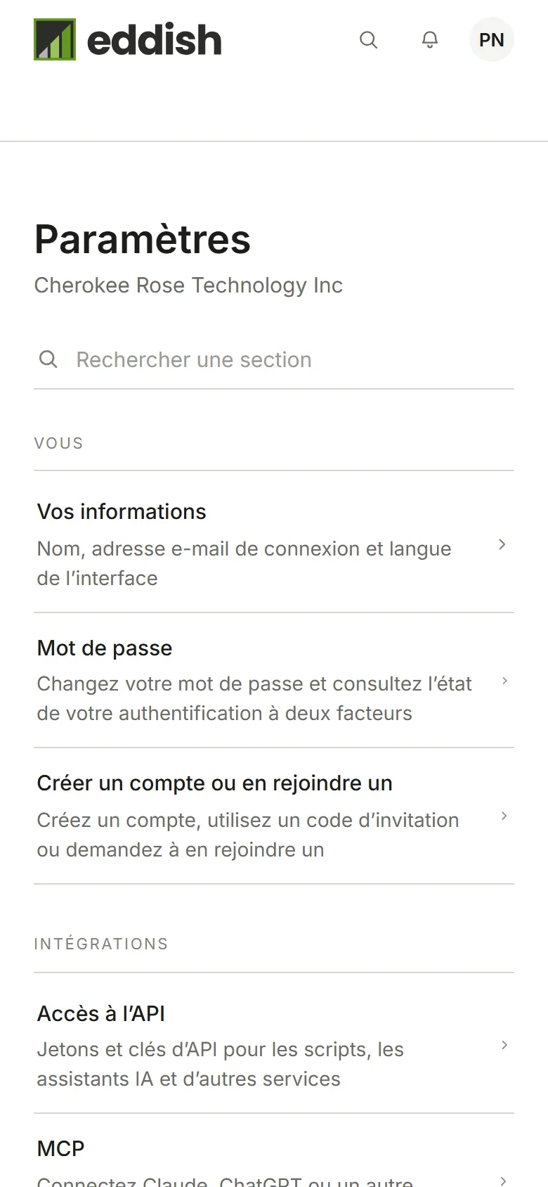 Les paramètres du compte, avec les sections Vous et Compte