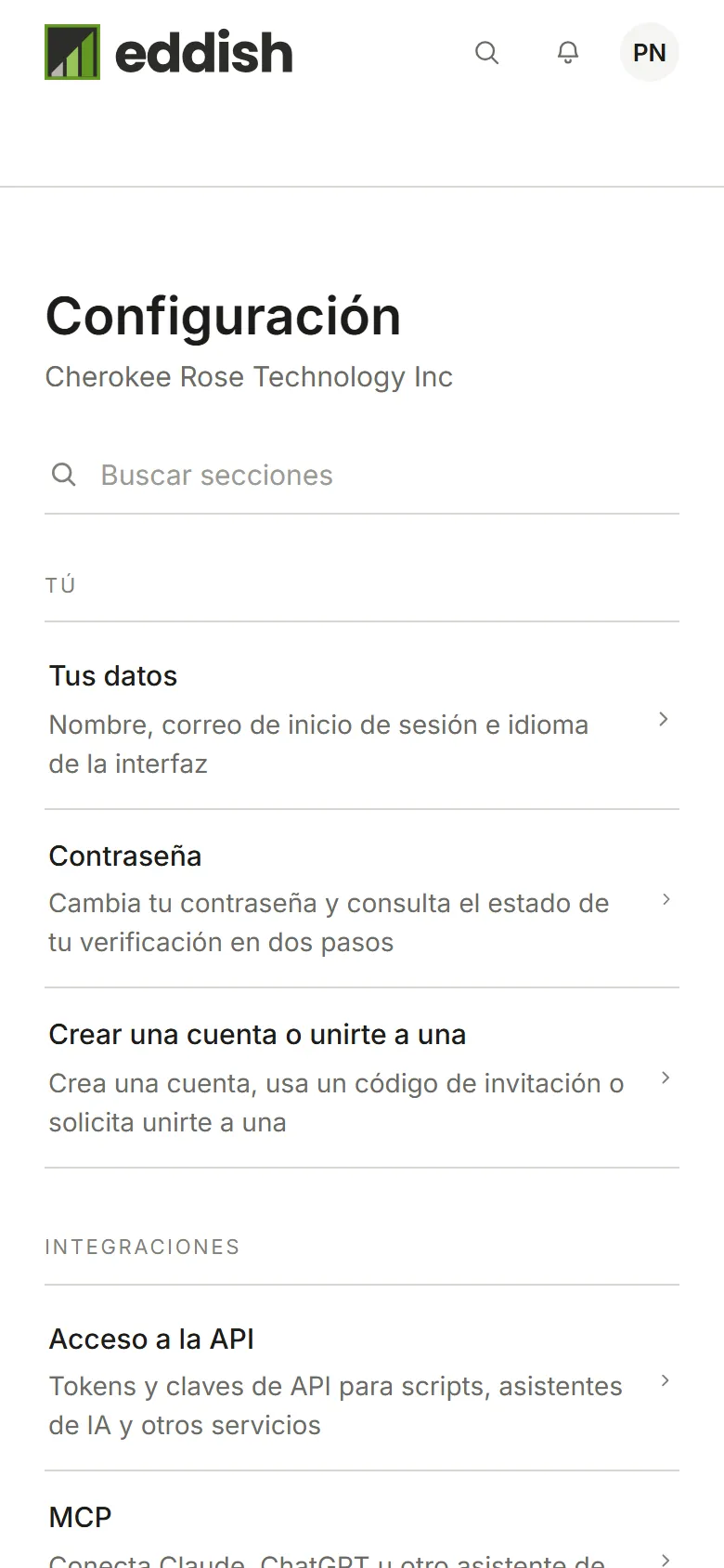 La configuración de la cuenta, con las secciones Tú y Cuenta