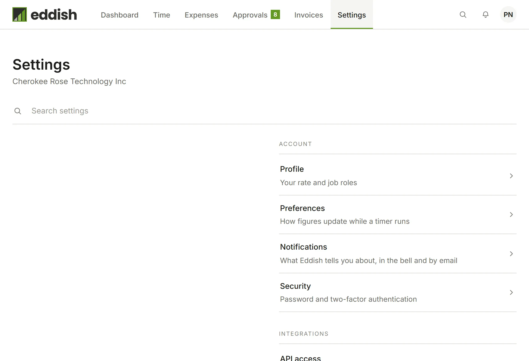 Invoicing's settings index
