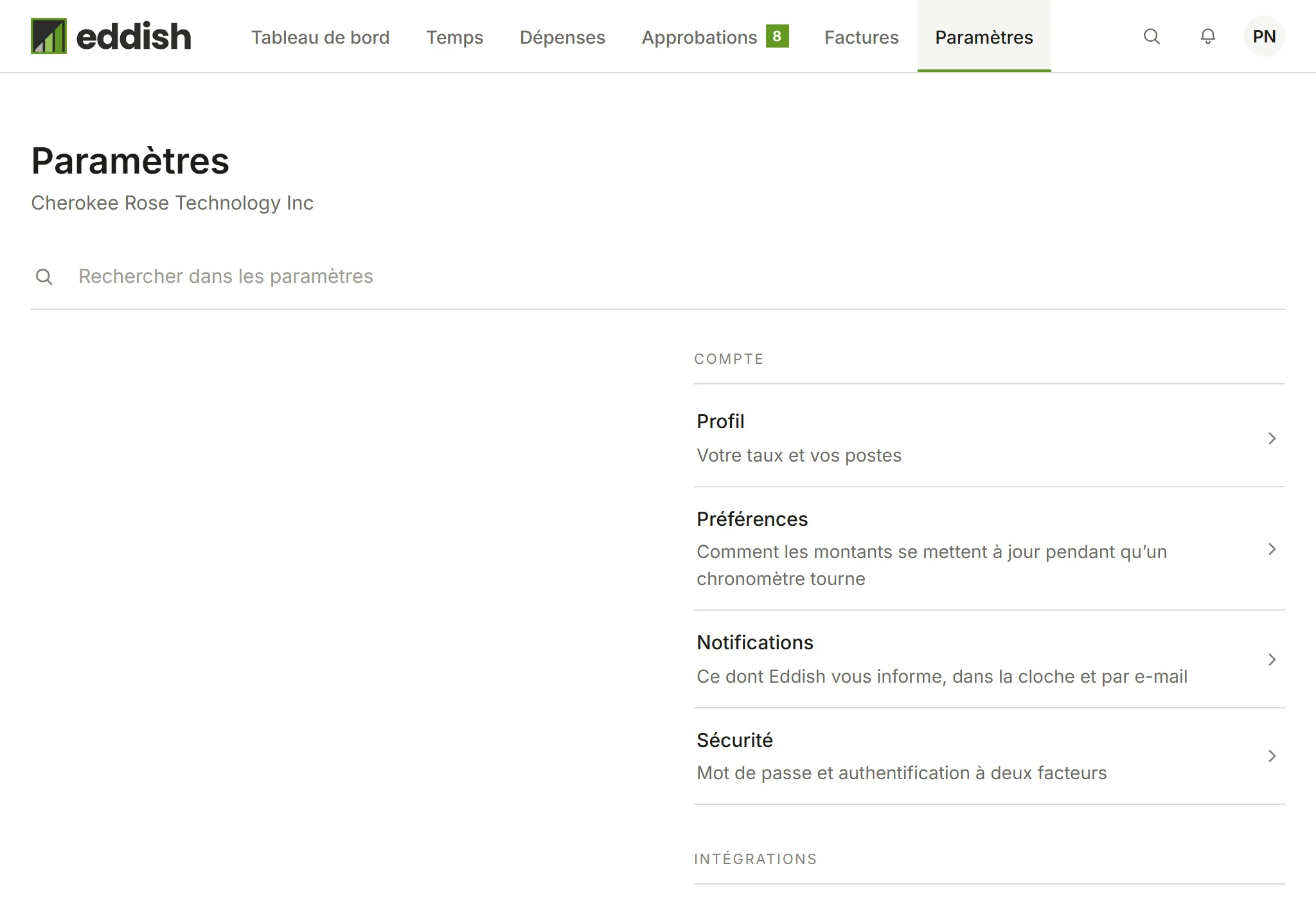 L’index des paramètres d’Invoicing