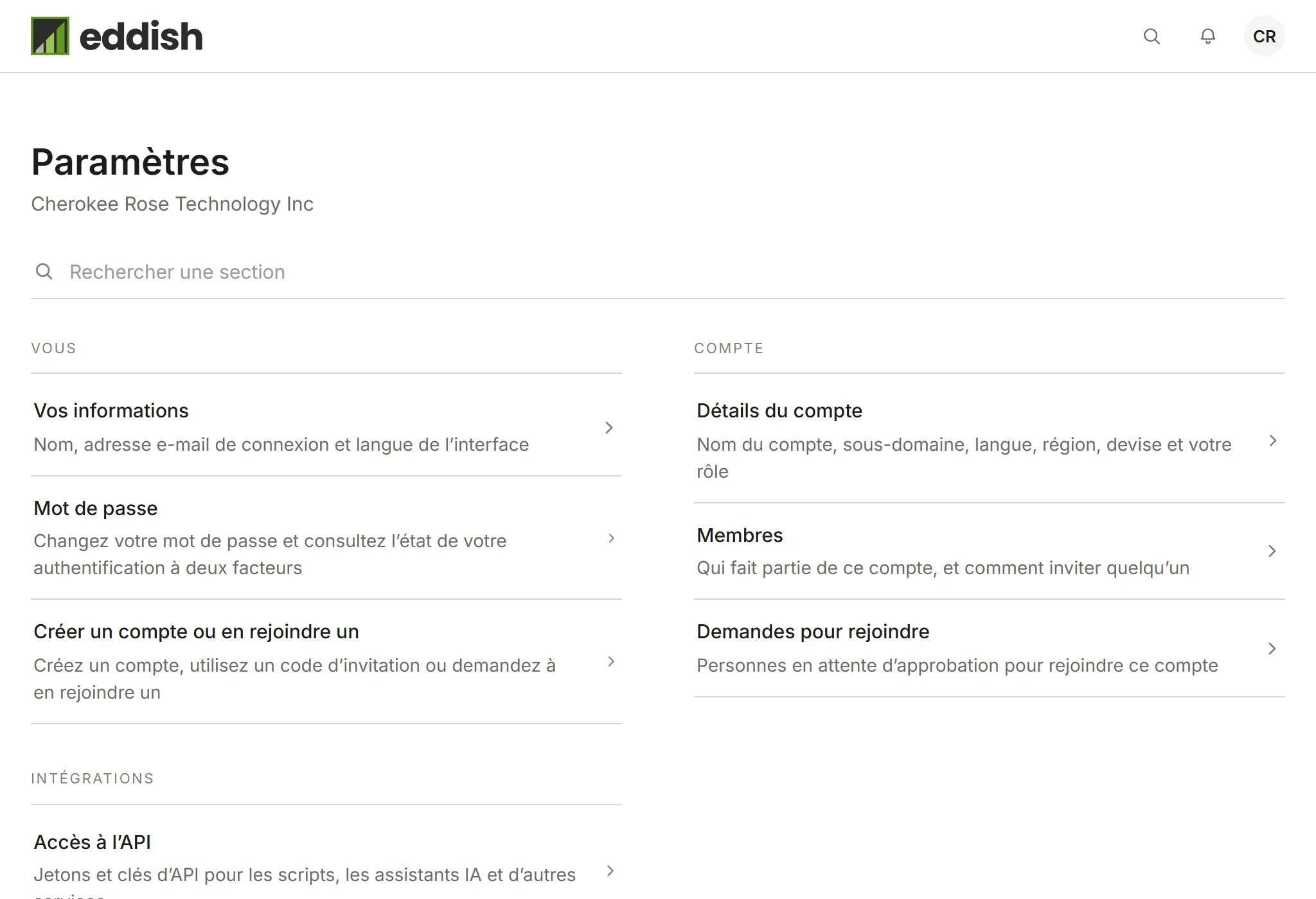 Les paramètres du compte, avec les sections Vous et Compte