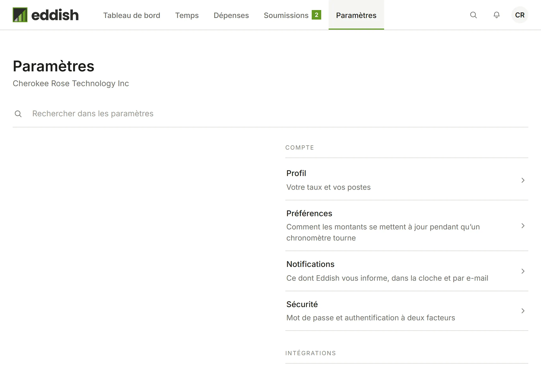 L’index des paramètres d’Invoicing