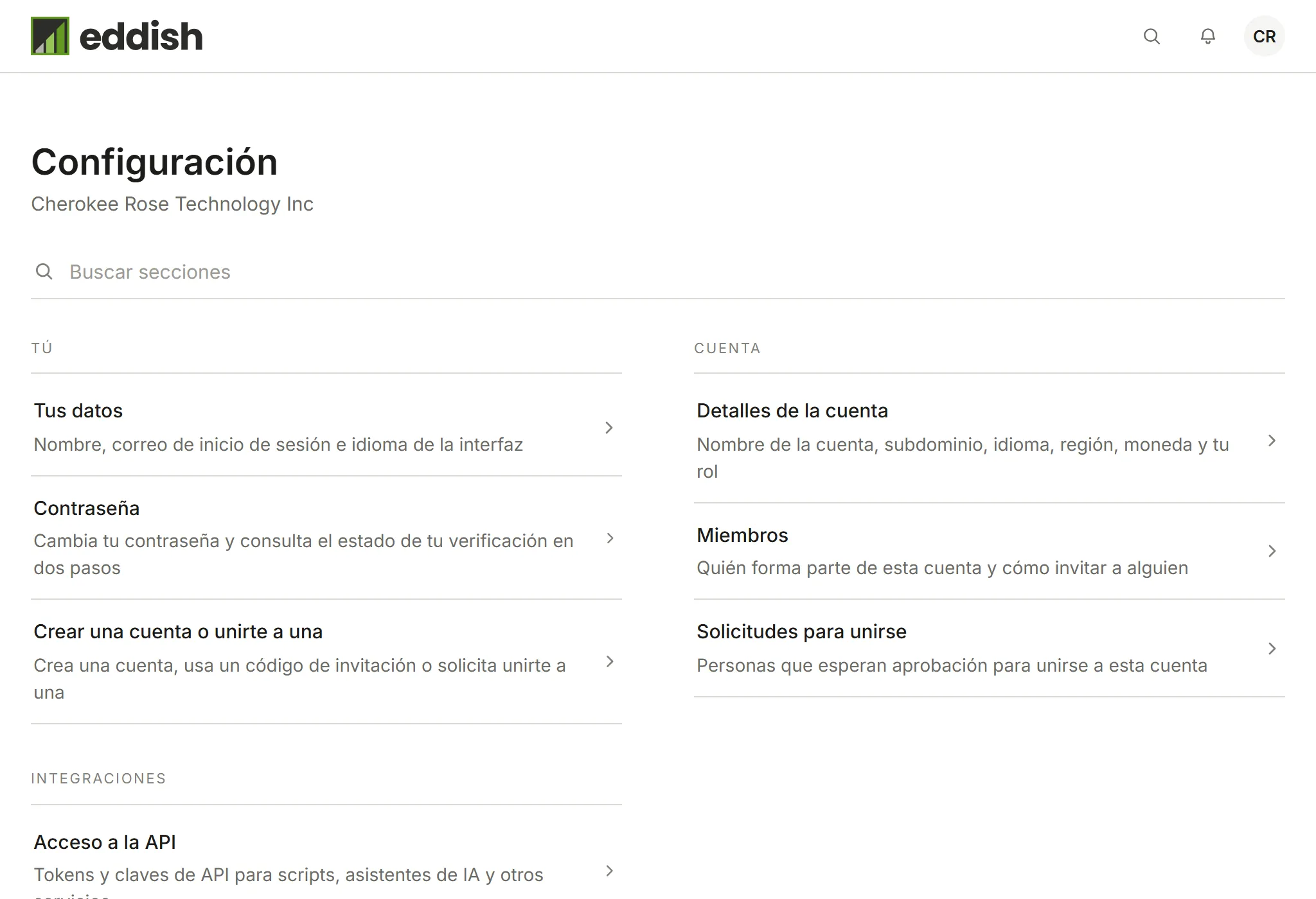 La configuración de la cuenta, con las secciones Tú y Cuenta